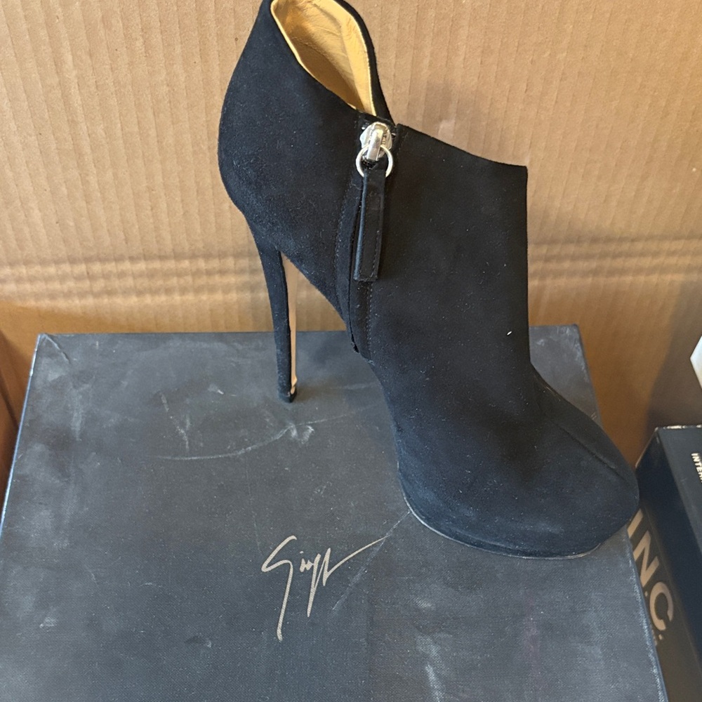 Giuseppe Zanotti Black Suede Stiletto Ankle Bootie with Side Zip